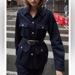 Zara NWT dark Navy military style jacket with belt patch pockets size small
